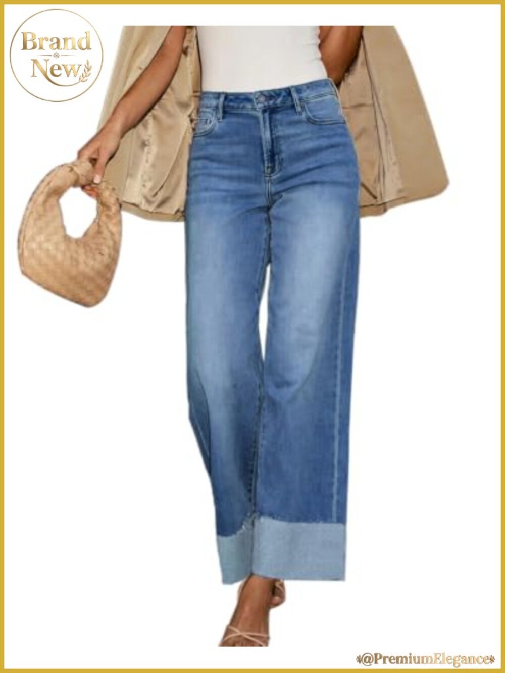 High Waisted Wide Leg Cuffed Jeans Women Raw Hem Stretch Denim